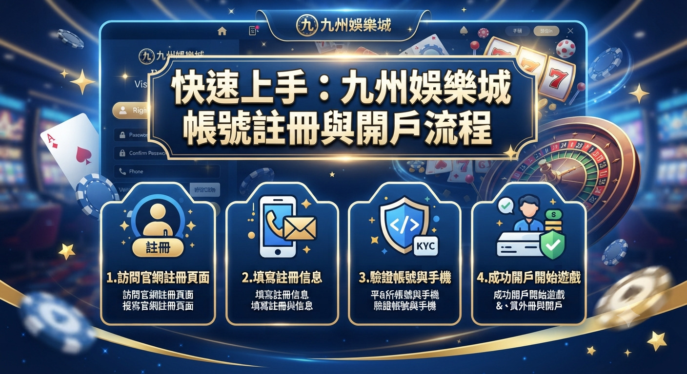 這是一張以「九州娛樂城帳號註冊與開戶流程」為主題的宣傳圖片。 畫面採用藍色賭場科技風格,凸顯快速開戶與註冊教學的視覺指引。